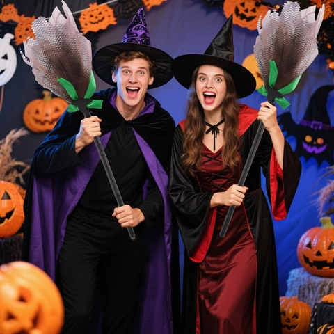 Scopa da Strega di Halloween Per Bambini Adulti Cosplay Decorazione Festa Manico in Plastica Coda a Rete Con Fiocco Verde