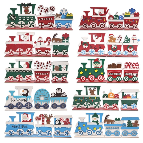 Christmas Wooden Train Ornament DIY Desktop Decoration Santa Claus Reindeer Snowman Cartoon Wooden Craft For Home Xmas Decor