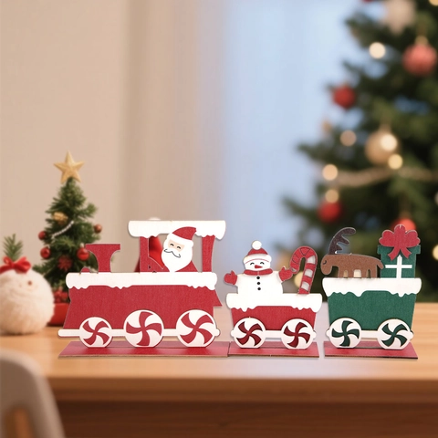 Christmas Wooden Train Ornament DIY Desktop Decoration Santa Claus Reindeer Snowman Cartoon Wooden Craft For Home Xmas Decor