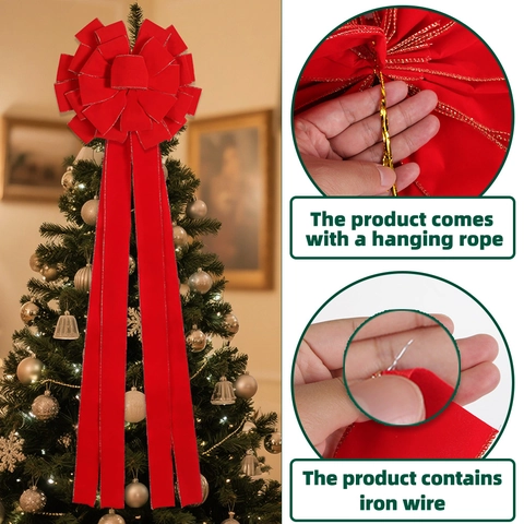 Grande Fiocco di Velluto Rosso per Albero di Natale Con Bordo Dorato 128cm Nastri Appesi Lunghi per Decorazione Casa Porta