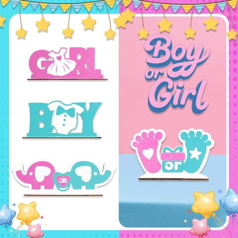 Decorazione da Tavolo in Legno per Gender Reveal Scritta Boy Or Girl Segno Alfabeto Elefante Impronta Ornamento per Festa Baby Shower