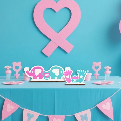 Adornos de Mesa de Madera para Fiesta de Revelación de Género Azul Rosa Letras Boy Or Girl Elefante Huella Letreros de Escritorio