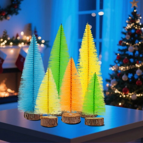 Fluorescent Mini Christmas Tree Desktop Ornament UV Reactive Bottle Brush Tree With Wood Base Colorful Pine Needle Tree For Christmas Party Home Decor