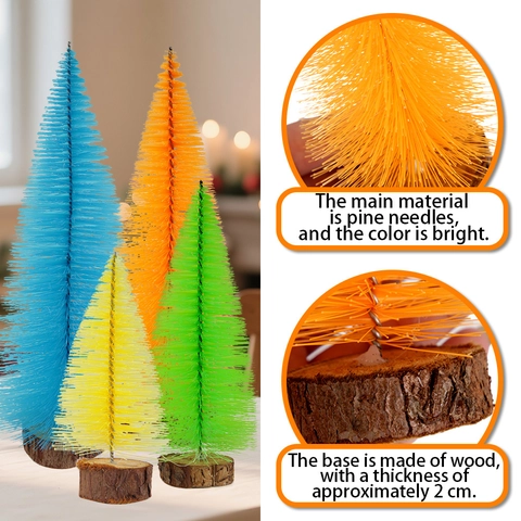 Mini Künstliche Fluoreszierende Weihnachtsbaum-Ornamente Mit Holzsockel Kiefernnadel Bunte Flaschenbürstenbäume Für Desktop Urlaub Party Deko