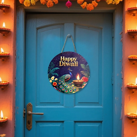 Happy Diwali Houten Welkomstbord Pauw Mandala Goudsbloem Hangbord Voor Festival Viering Indiase Party Thuis Decoratie