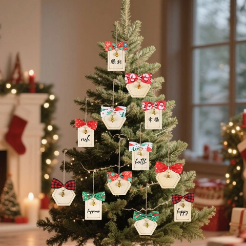Christmas Wooden Hanging Tags With DIY Writable Surface Festive Bow Ribbon And Gold Bell Rustic Wood Plaque Tree Party Decor