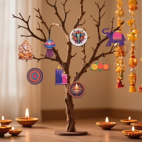 Decorazioni Pendenti Legno Diwali Ganesha Elefante Mandala Diya Candela Disegni Festival Indiano Deepavali Arredo Casa