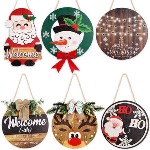 Letrero de Bienvenida de Madera de Navidad Placa Colgante con LED Papá Noel Muñeco de Nieve Reno Lazo Decoración para Puerta Casa Pared