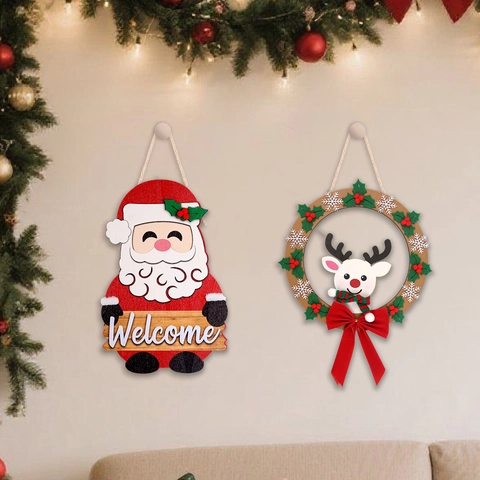 Letrero de Bienvenida de Madera de Navidad Placa Colgante con LED Papá Noel Muñeco de Nieve Reno Lazo Decoración para Puerta Casa Pared