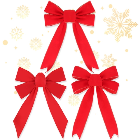 Christmas Bow Red Flocked Cloth With Gold Edge Hanging Ornaments For Tree Topper Party Home Decor Festive Style