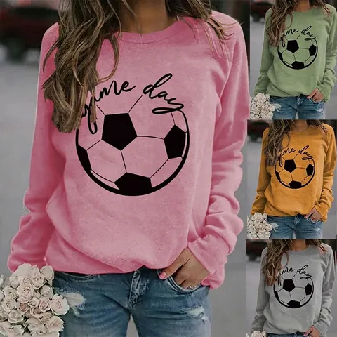 Sweat-shirt À Manches Longues Et Col Rond Pour Femmes Mélange De Coton Imprimé Football Game Day Pull Décontracté