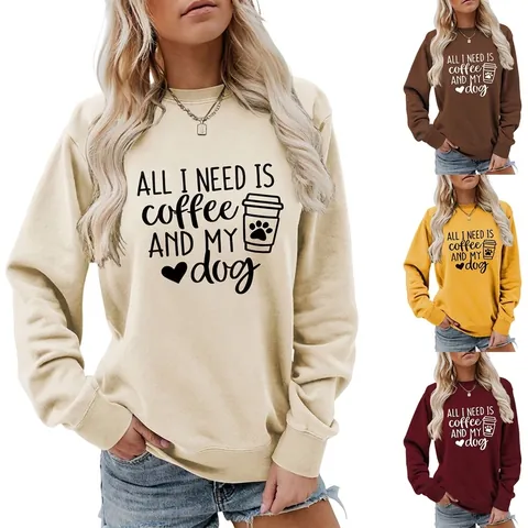 Damen Sweatshirt Rundhals Langarm Baumwollmischung Lockerer Pullover Briefdruck Kaffee Hund Grafik Lässige Streetwear