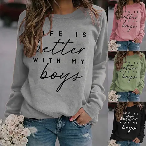 Damen Sweatshirt Rundhalsausschnitt Langarm Baumwollmischung Lockerer Pullover Slogan Print Lässig Streetwear