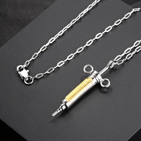 Trendy Hip Hop Syringe Pendant Necklace For Men Women Stainless Steel Gold Silver Two Tone Needle Jewelry Streetwear Accessory