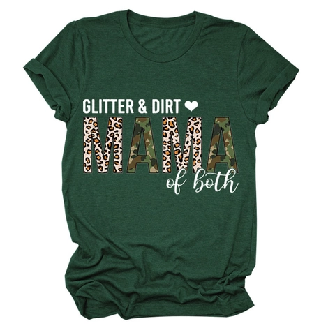 Women T-Shirt Glitter Dirt Mama Of Both Leopard Camo Print Short Sleeve Round Neck Casual Polyester Cotton Blend Top
