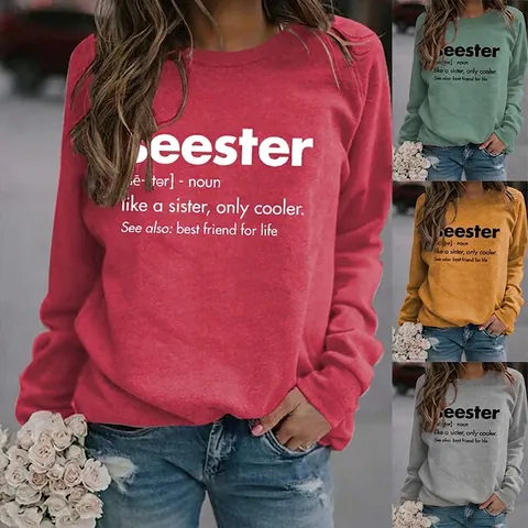 Dames Casual Katoenmix Sweatshirt Ronde Hals Lange Mouwen Letterprint Seester Definitie Losse Pullover Mode Top