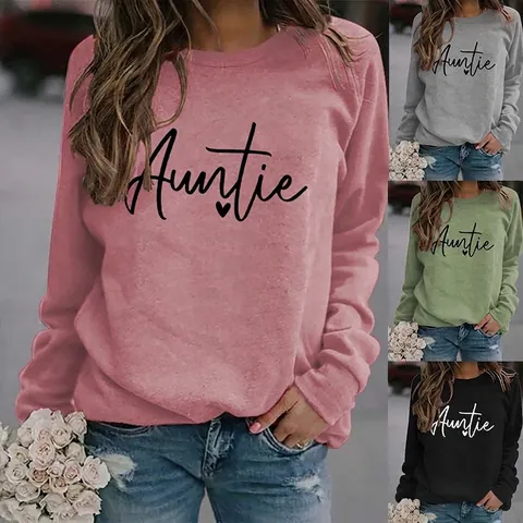 Women Sweatshirt Auntie Letter Heart Print Crew Neck Long Sleeve Cotton Blend Loose Casual Pullover Top