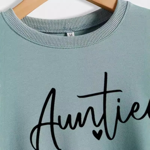 Women Sweatshirt Auntie Letter Heart Print Crew Neck Long Sleeve Cotton Blend Loose Casual Pullover Top