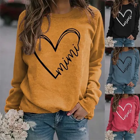 Damen Casual Crewneck Sweatshirt Herz Mimi Buchstaben Druck Langarm Lockerer Sitz Baumwollmischung Pullover Top Alltag Kleidung