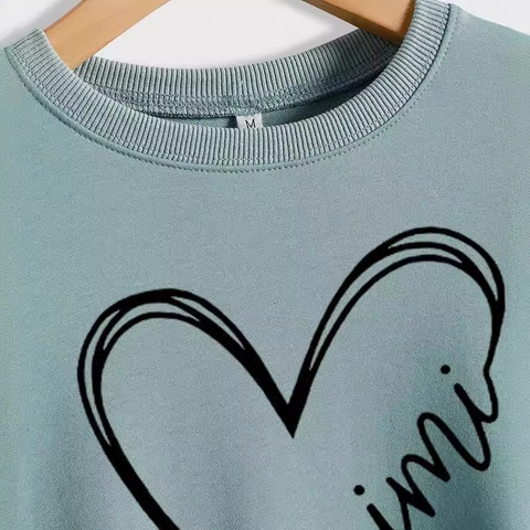 Damen Casual Crewneck Sweatshirt Herz Mimi Buchstaben Druck Langarm Lockerer Sitz Baumwollmischung Pullover Top Alltag Kleidung