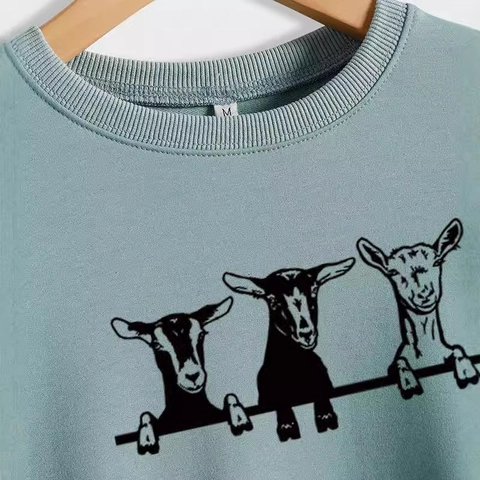 Sweat-shirt Décontracté pour Femmes en Mélange de Coton Manches Longues Imprimé Chèvre Amusant Col Rond Pullover Mode