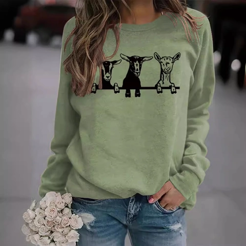 Sweat-shirt Décontracté pour Femmes en Mélange de Coton Manches Longues Imprimé Chèvre Amusant Col Rond Pullover Mode