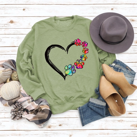 Women's Casual Long Sleeve Crew Neck Sweatshirt Heart Rainbow Paw Print Pullover Top Cotton Blend Streetwear Fashion
