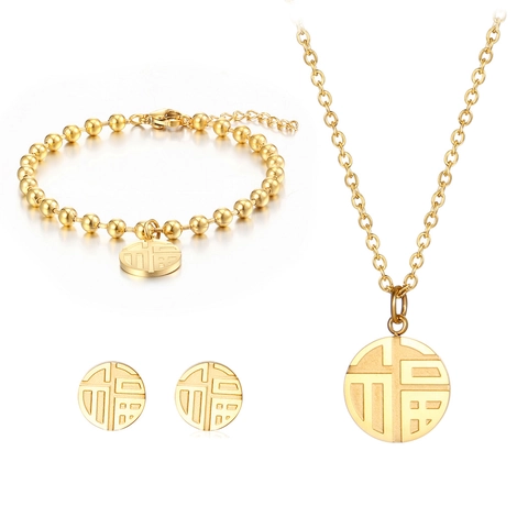 Collana con Pendente a Disco Rotondo Carattere Cinese Fu in Acciaio Inossidabile Gioielli Placcati Oro Argento per Donna