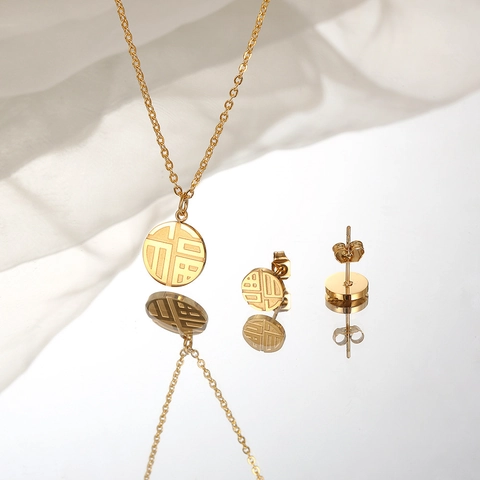 Collana con Pendente a Disco Rotondo Carattere Cinese Fu in Acciaio Inossidabile Gioielli Placcati Oro Argento per Donna