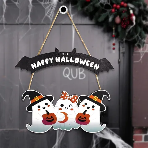 Halloween Wooden Hanging Sign Ghost Pumpkin Bat Boo Door Plaque Festive Wall Decor For Party Home Garden Halloween Supplies