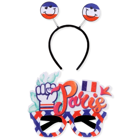 Occhiali da Festa a Tema Parigi Tricolore Bandiera Francese e Cerchietto con Molla a Faccina per Tifosi Sportivi