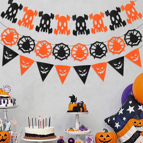 Halloween Non-Woven Fabric Banner Black Orange Garland Skull Spider Pumpkin Pattern Haunted House Party Hanging Decoration