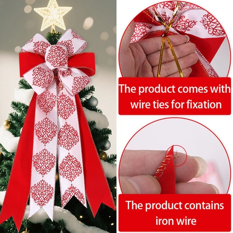 Large Christmas Bow Tree Topper Polyester Red Buffalo Plaid Snowflake Reindeer Hanging Decoration For Holiday Party Home Decor