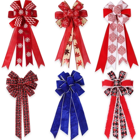 Large Christmas Bow Tree Topper Polyester Red Buffalo Plaid Snowflake Reindeer Hanging Decoration For Holiday Party Home Decor