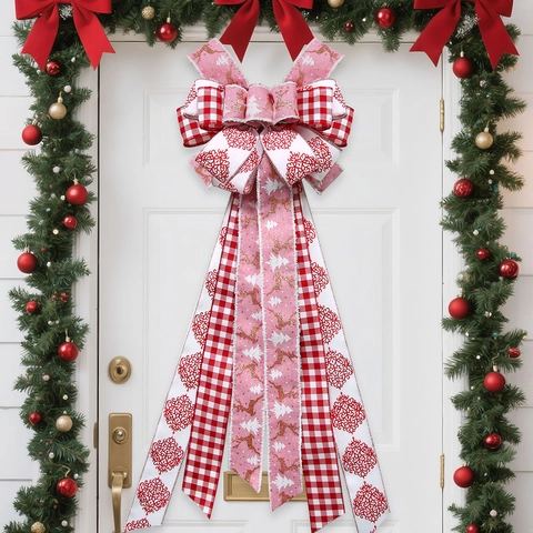 Large Christmas Tree Topper Bow Red Black Buffalo Plaid Burlap Ornament Festive Wired Ribbon Hanging Bow For Home Holiday Party Decor