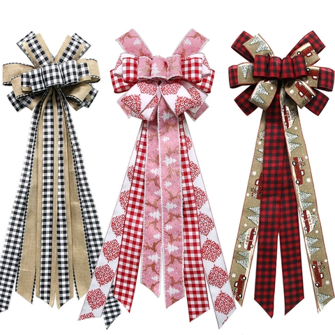 Christmas Tree Topper Bow Polyester Faux Linen Buffalo Plaid Red Truck Reindeer Print Large Holiday Hanging Ornament For Xmas Party Home Decor