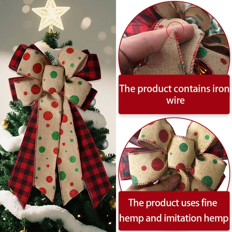 Grande Fiocco Decorativo Natalizio Fai Da Te in Lino a Quadretti Buffalo Con Pois Glitterati per Puntale Albero di Natale