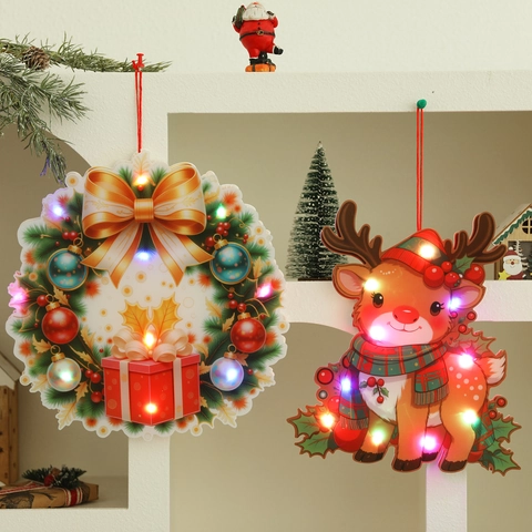 Christmas Hanging LED Light Decoration PVC Cartoon Santa Elk Bear Wreath For Holiday Home Wall Decor Kids DIY Gift