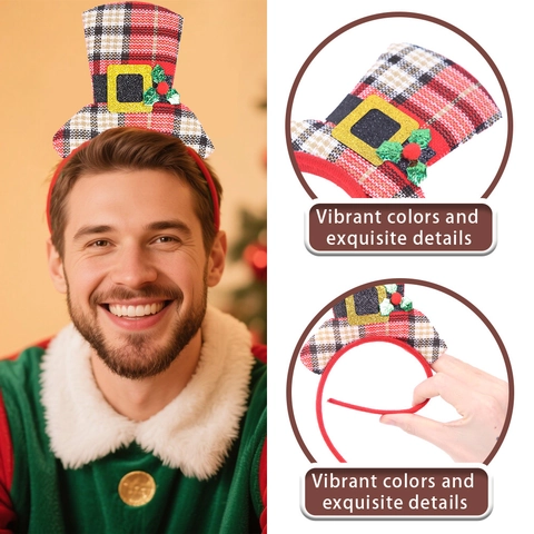 Cerchietti Natalizi con Mini Cappello a Cilindro Scozzese Glitter Accessori Capelli Fibbia Babbo Natale per Bambini e Adulti