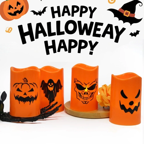 Halloween LED Electronic Candle Lamp Flameless Orange Tea Light With Ghost Pumpkin Skull Pattern For Party Desktop Decor