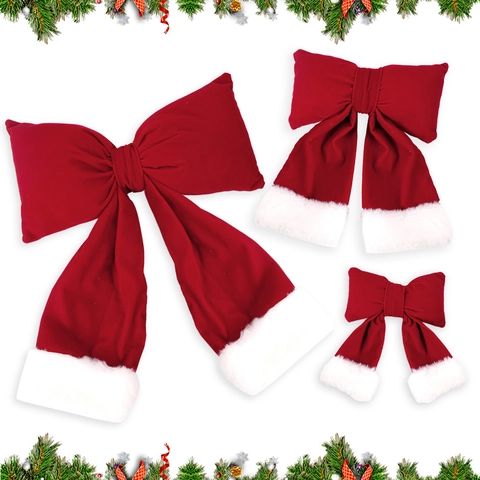 Rode Fluwelen Kerststrik met Witte Pluche Rand Grote Kerststrik Ornament Voor Kerstboom Feest Huis Decoratie