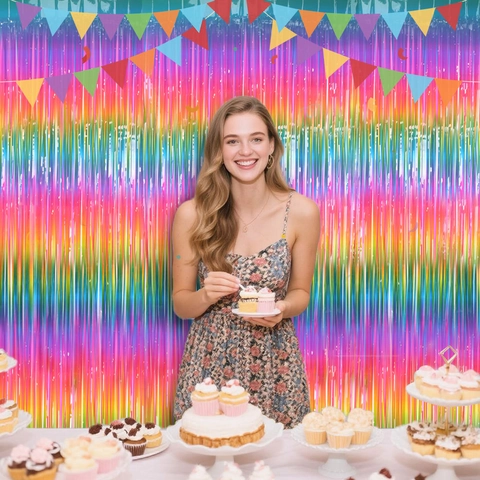 Regenboog Gradiënt Folie Franje Gordijn Feest Achtergrond Decoraties Voor Verjaardag Bruiloft Podium PET Materiaal