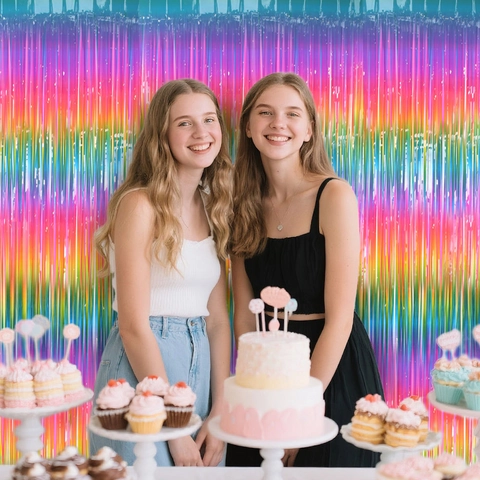 Regenboog Gradiënt Folie Franje Gordijn Feest Achtergrond Decoraties Voor Verjaardag Bruiloft Podium PET Materiaal