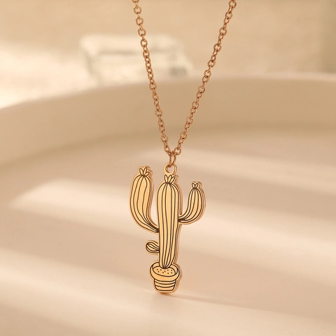 Titaniumstaal Cactus Potplant Hanger Halsketting Schattige Minimalistische Plant Sieraden Voor Mannen Vrouwen Dagelijks Goud Zilver Roségoud Cadeau