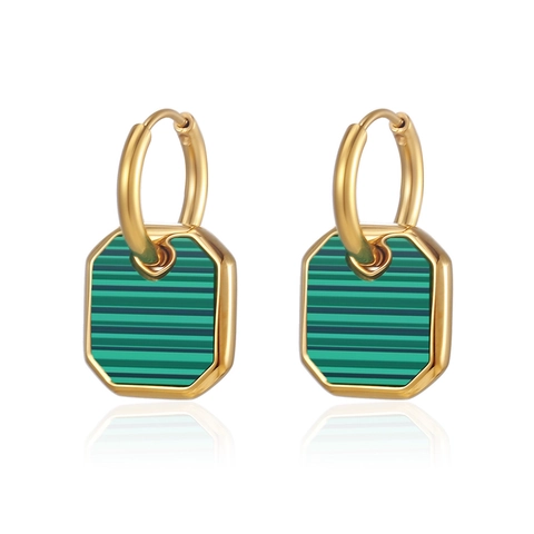 Pendientes de Colgante Octagonal de Textura de Malaquita Vintage para Mujer Pendientes de Aro Geométricos de Acero de Titanio