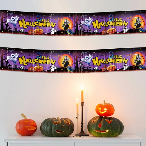 Spanish Feliz Halloween Fringe Curtain Banner Metallic Foil Pumpkin Ghost Bat Printed Party Hanging Decoration Background