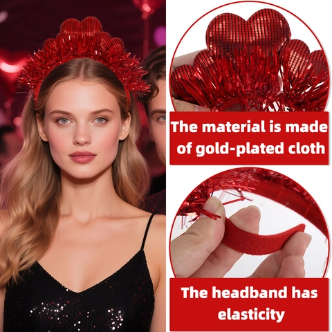 Diadema de Corazón Rojo para San Valentín Decoración de Corazón con Purpurina y Oropel para Fiesta de Disfraces Accesorios de Fotografía Mujer Niña