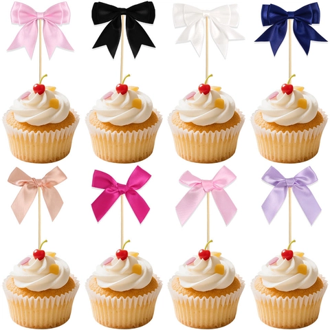 Handmade Satin Ribbon Bow Cake Toppers With Wood Sticks For Birthday Wedding Party Decoration Elegant Colorful Dessert Ornament