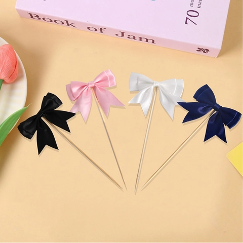 Satin Ribbon Bow Cake Topper With Wood Stick For Birthday Party Wedding Anniversary Decoration Dessert Accessories