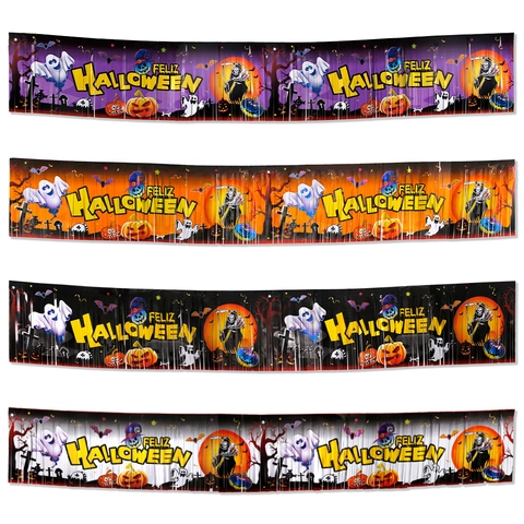 Bannière de Rideau à Franges Espagnole Feliz Halloween Feuille Métallique Citrouille Fantôme Chauve-souris Imprimée Décoration de Fête